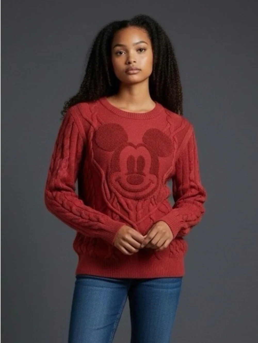 Disney Mickey Mouse Cable Knit Sweater Rust Red Chenille Graphic Pullover M
